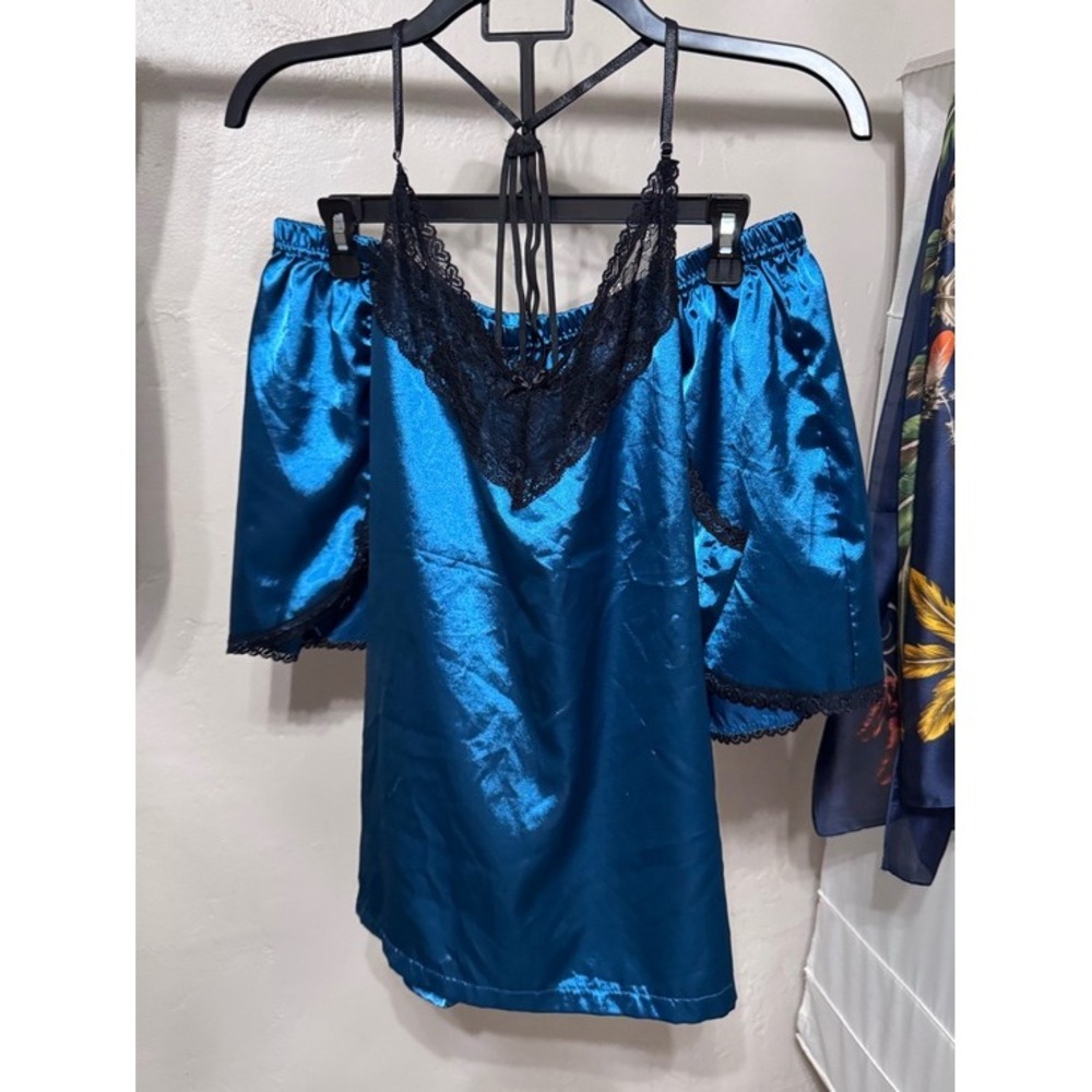 Satin Lace-Trim Blue Sleep Set - Women Intimates 3XL